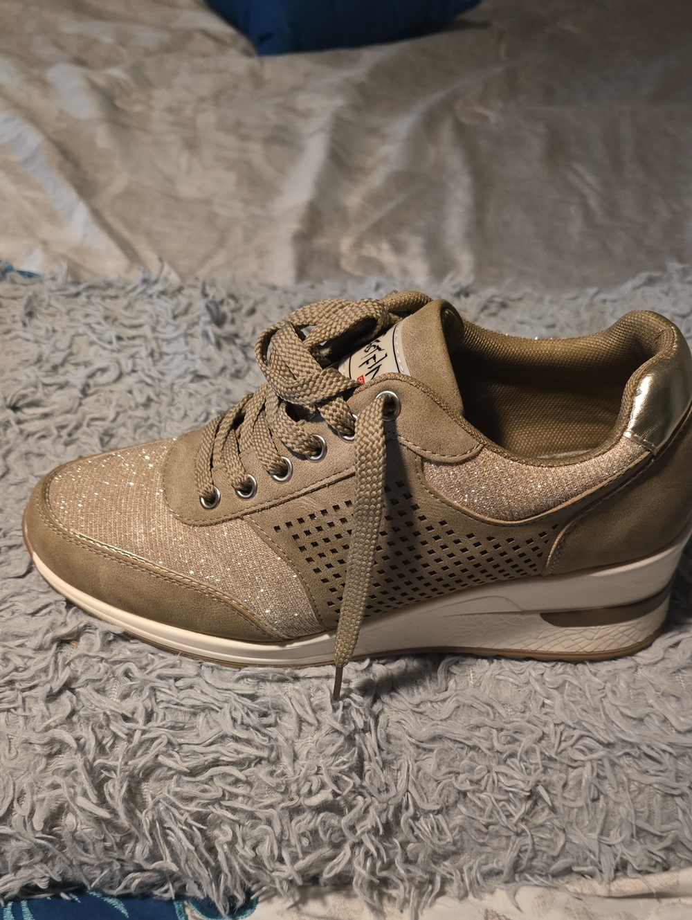 Olive Glitter Lace-Up Women's Sneakers with Metallic Heel Accent